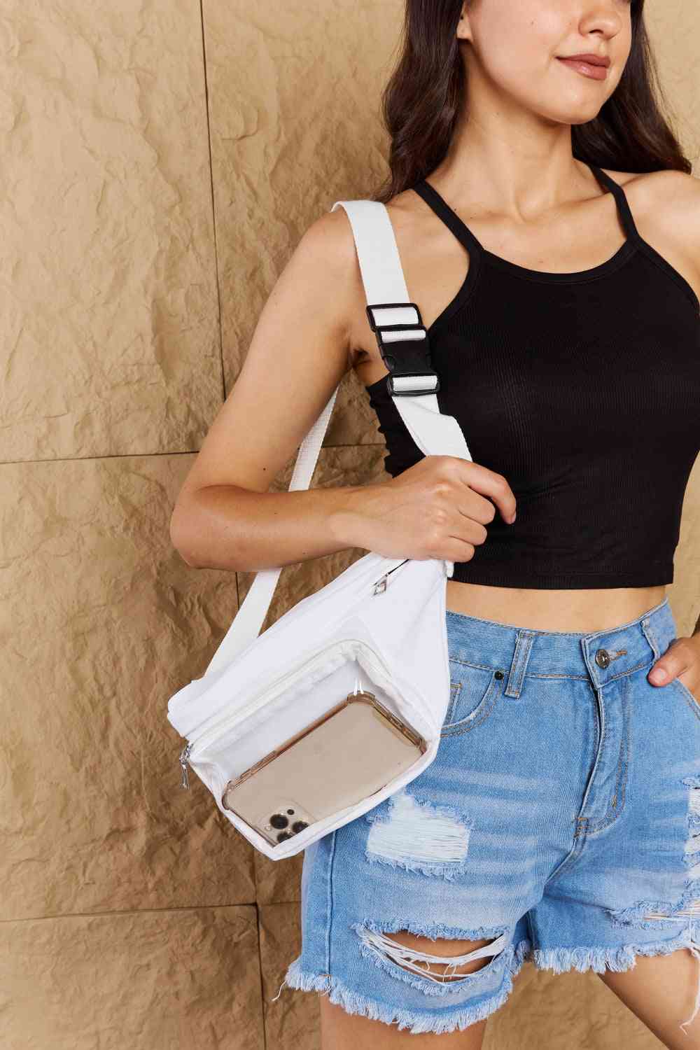 White Fanny Pack Crossbody with Clear Zipper Pouch