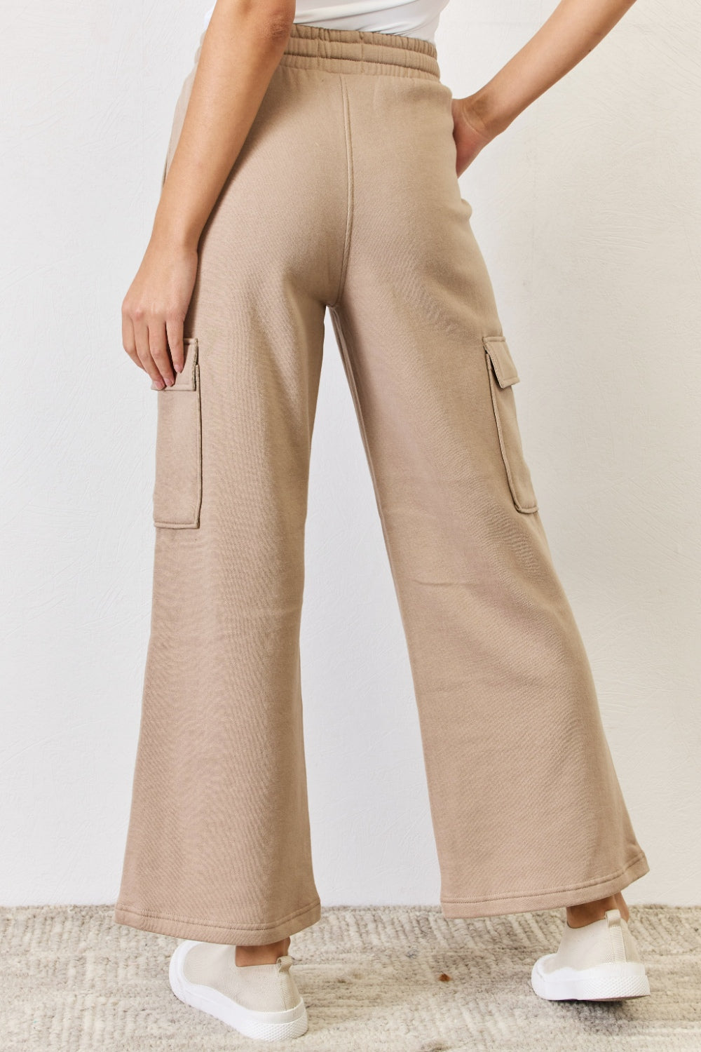 Women's Tan Beige Drawstring Sweatpants Wide Leg Flare Cargo Pockets