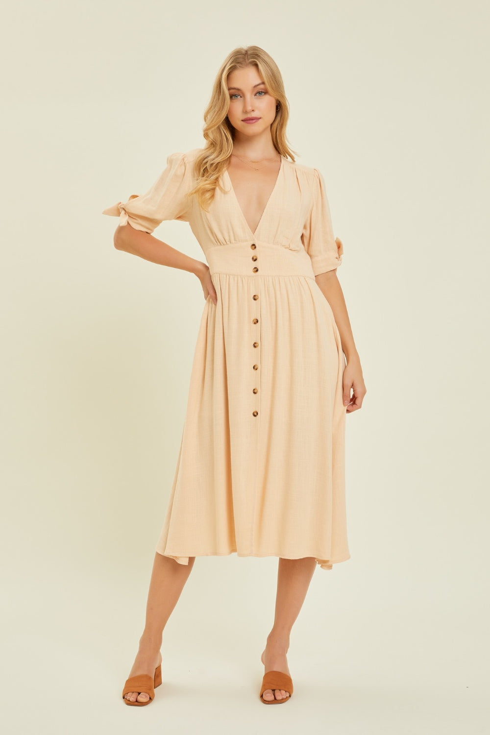 Women's Cream Linen Plunge V-Neck Button-Down Midi Dress