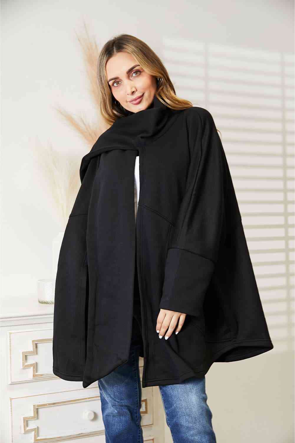 Womens Black Open Front Long Cardigan with Wrap Around Scarf