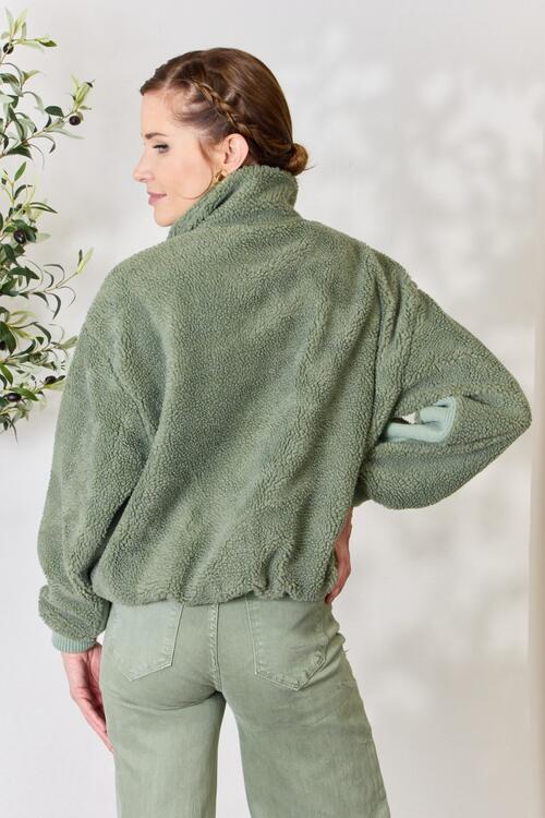 Womens Green Sherpa Fleece Full Zip Collared Jacket