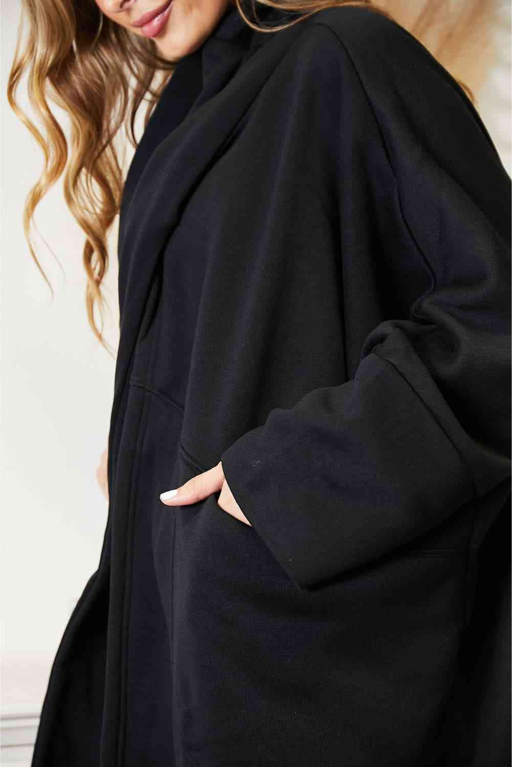 Womens Black Open Front Long Cardigan with Wrap Around Scarf