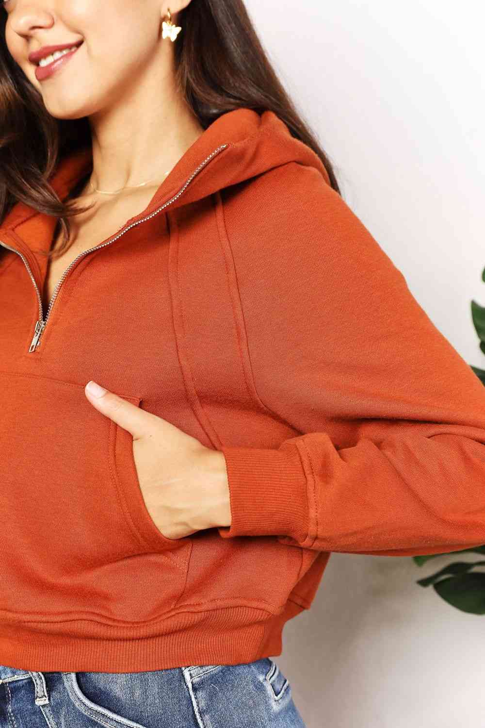 Womens Orange Half Zip-Up Long Sleeve Hoodie with Pockets