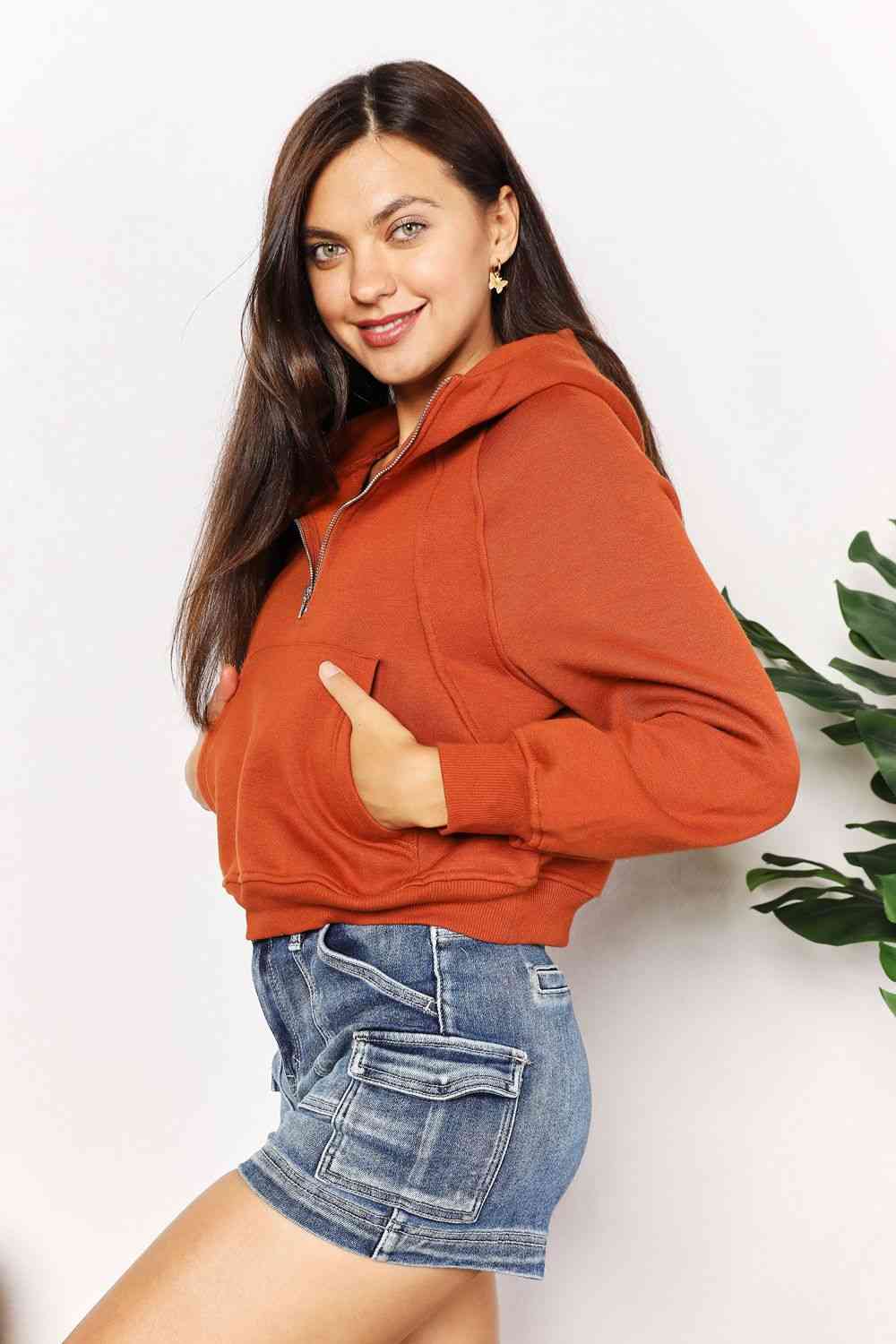 Womens Orange Half Zip-Up Long Sleeve Hoodie with Pockets