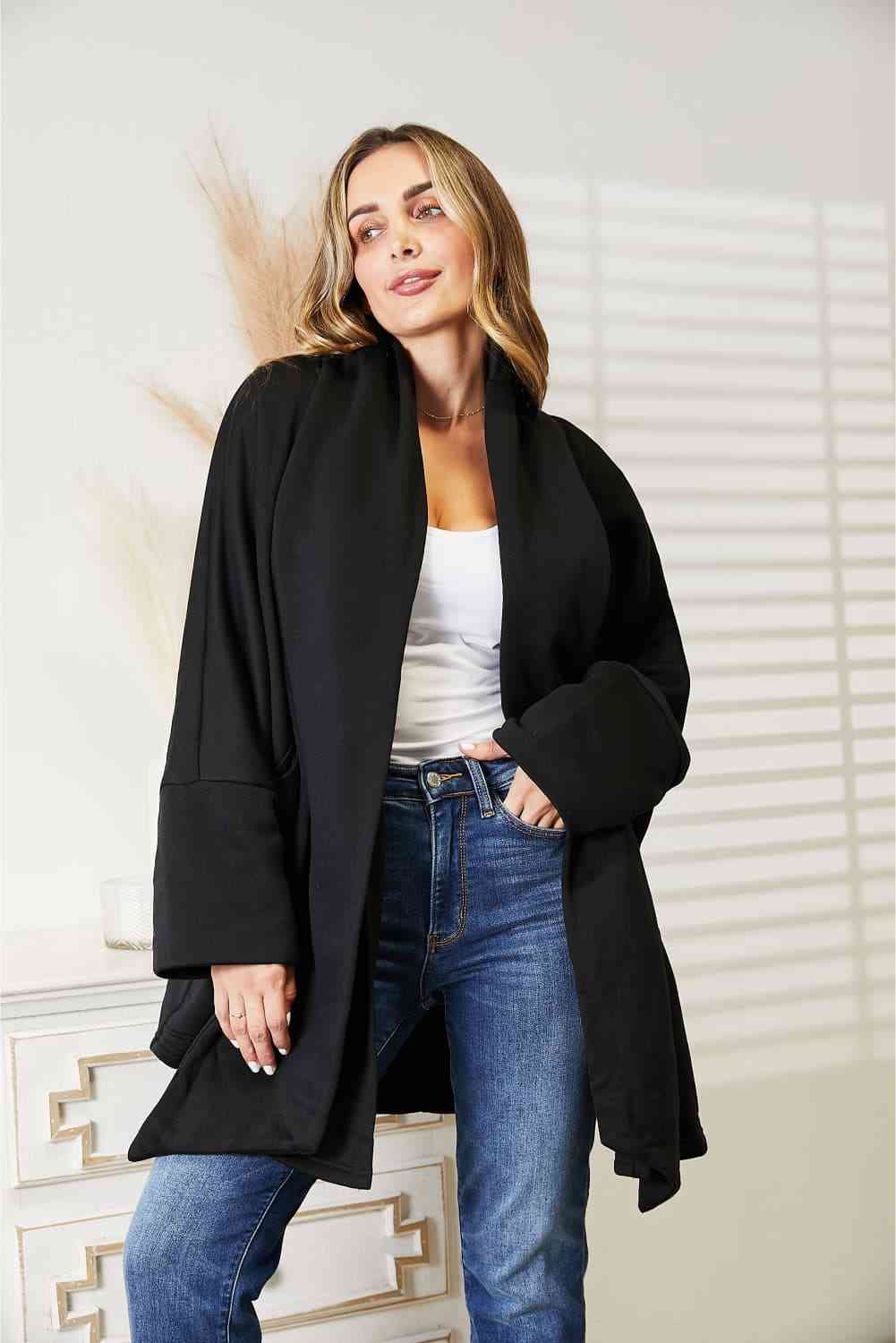 Womens Black Open Front Long Cardigan with Wrap Around Scarf