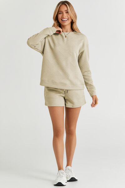 Women's Relaxed Casual Lounge Long Sleeve Top and Drawstring Shorts Set