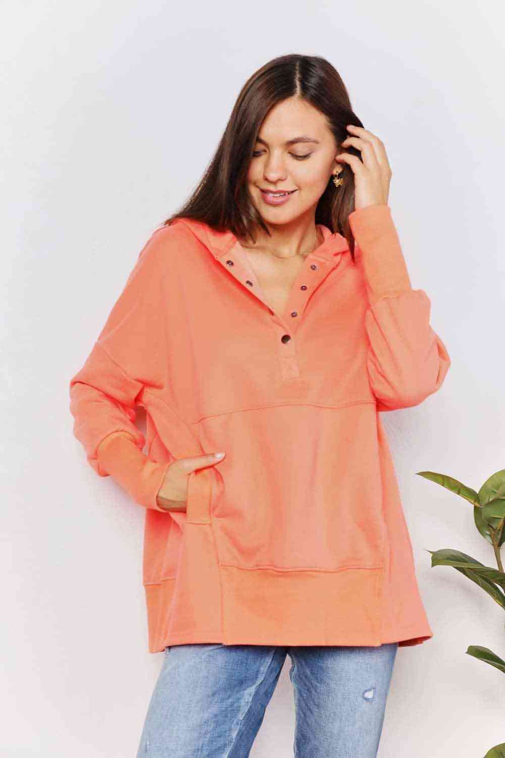 Womens Orange Quarter Snap Button Up Dropped Shoulder Hoodie Tunic