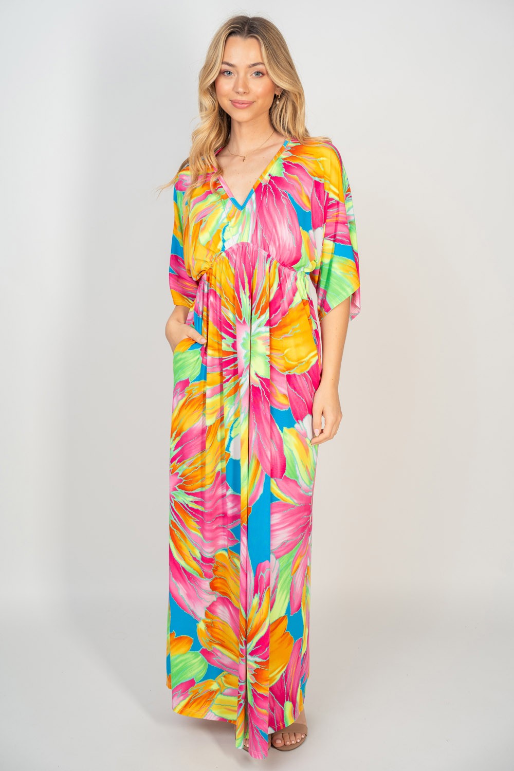 Women's Floral V-Neck Mid Sleeve Maxi Dress with Pockets