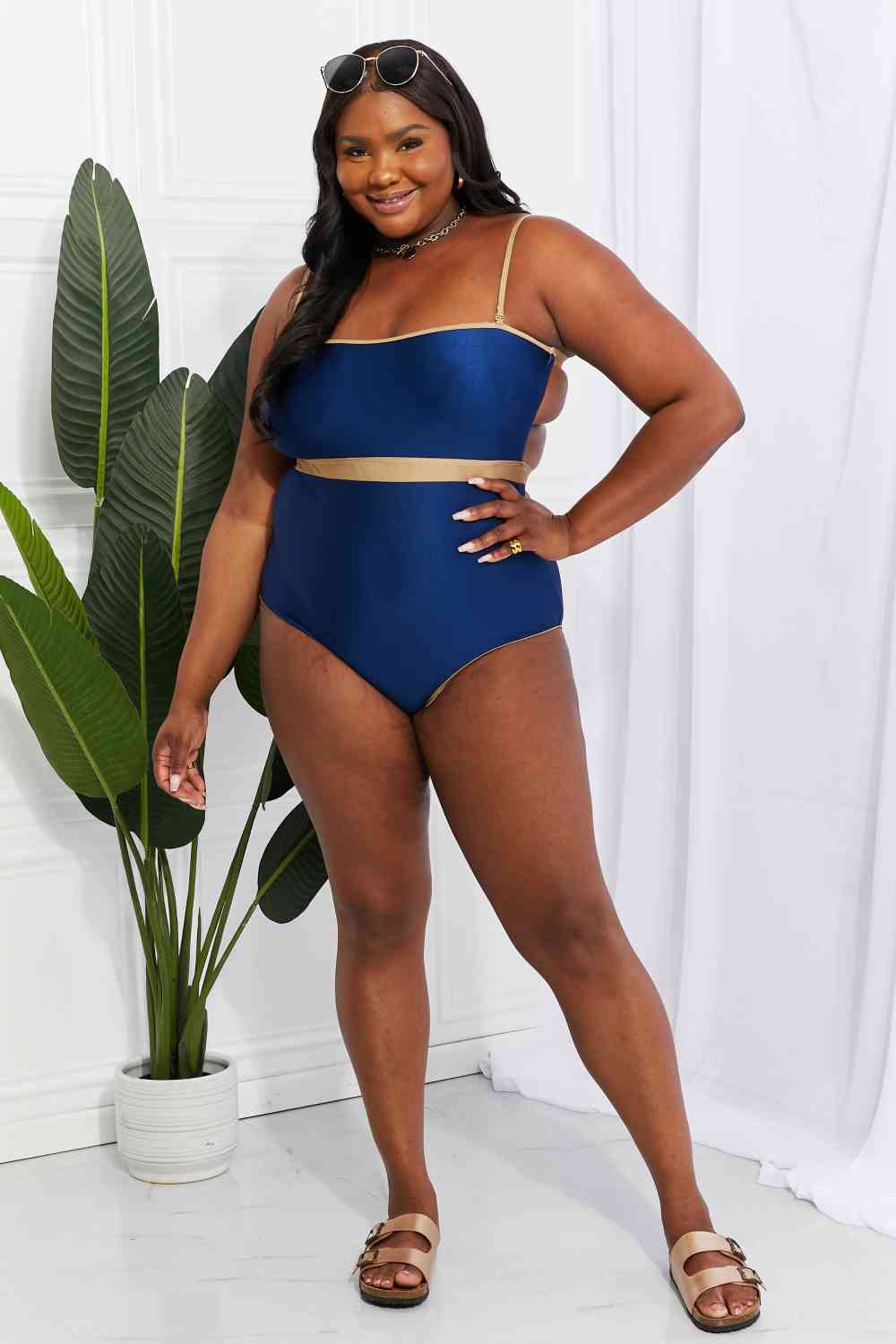 Women's Navy Gold One Piece Swimsuit Open Back