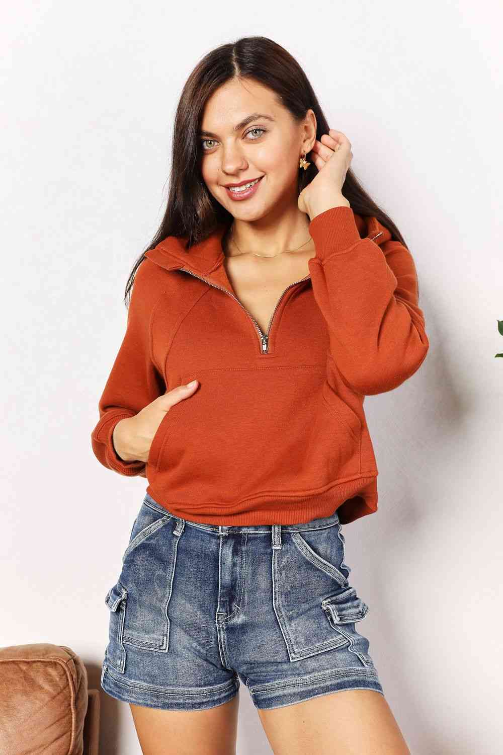 Womens Orange Half Zip-Up Long Sleeve Hoodie with Pockets