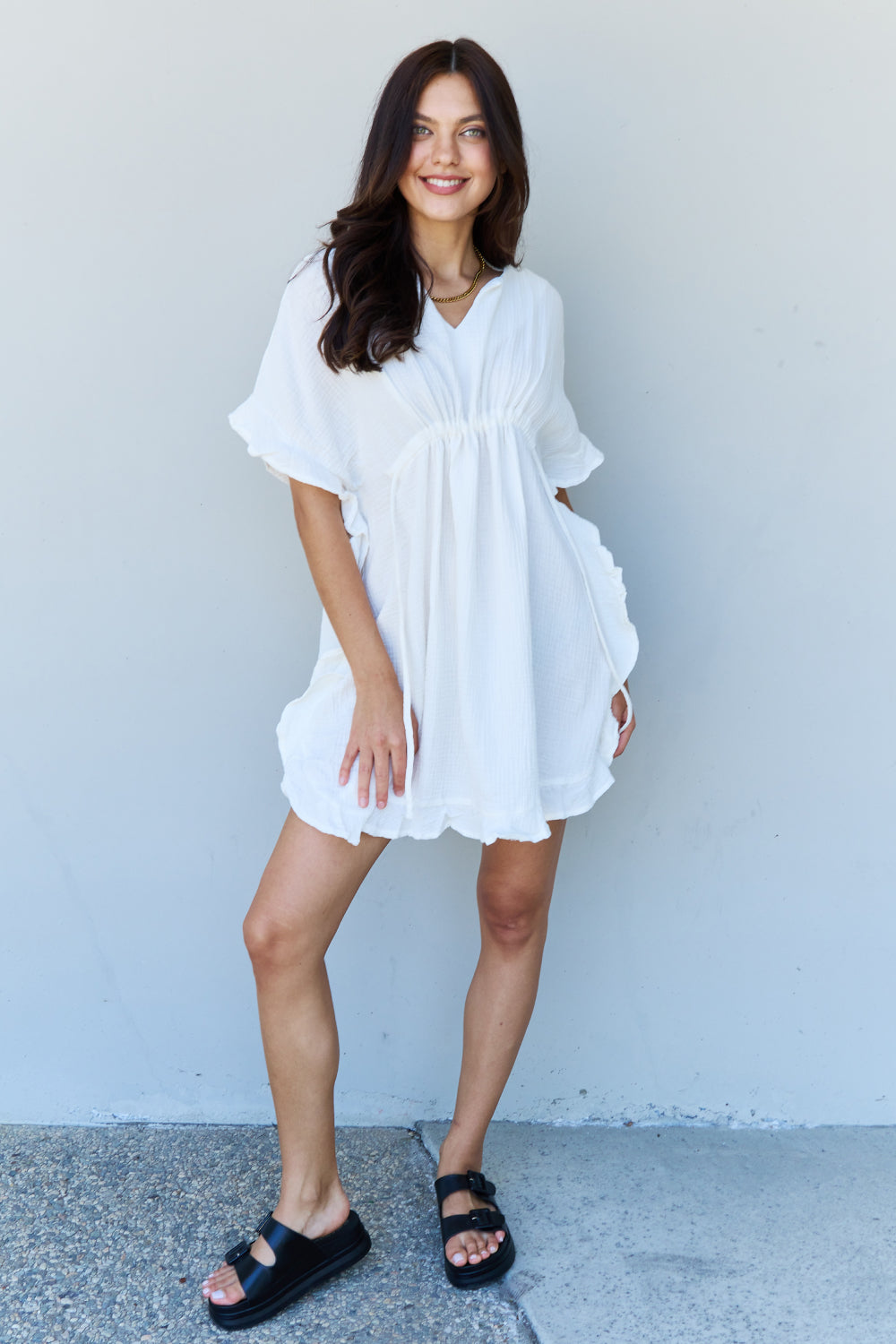 Women's White Cotton Drawstring Front Mini Short Sundress