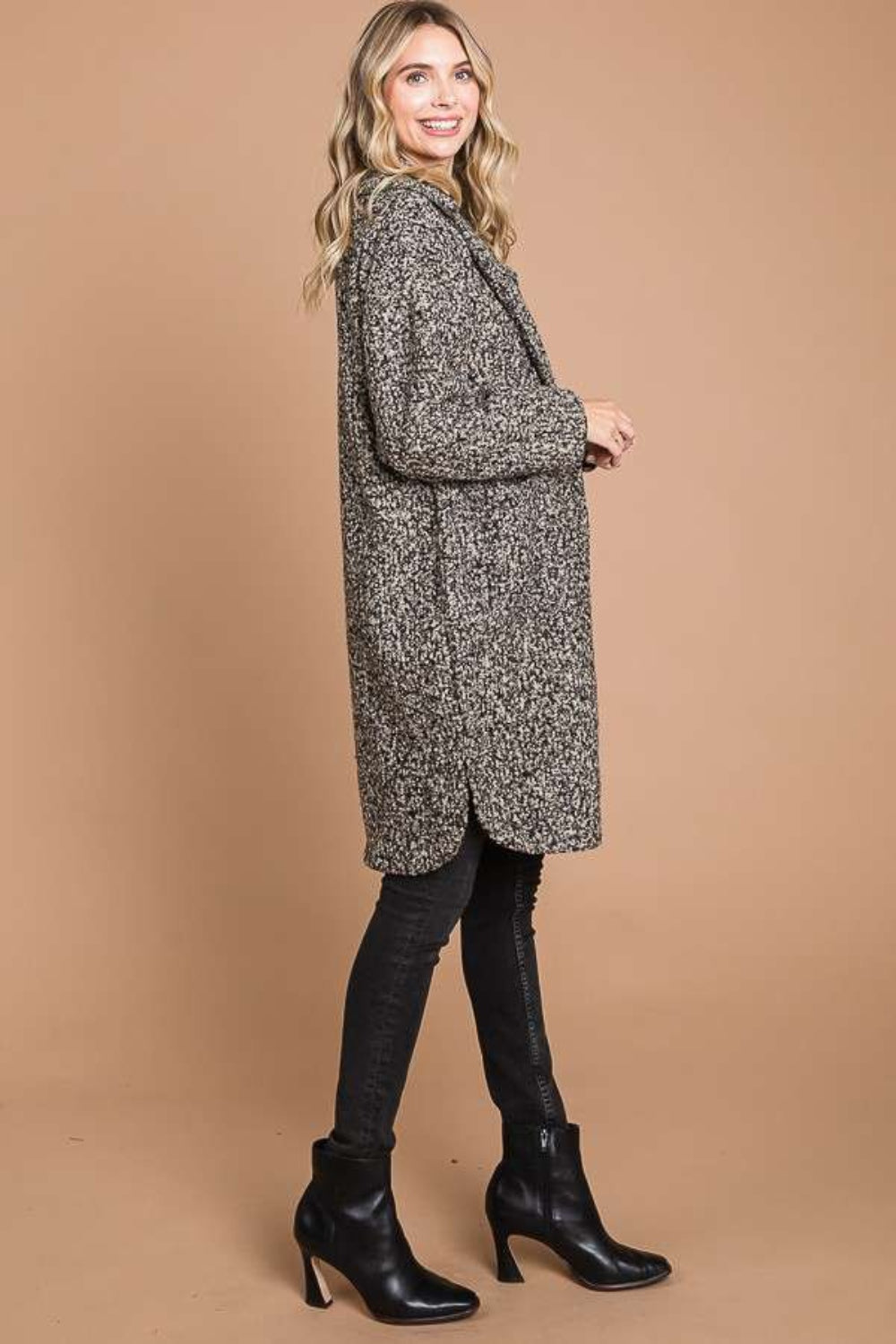 Women's Black Beige Long Teddy Coat with Side Front Pockets