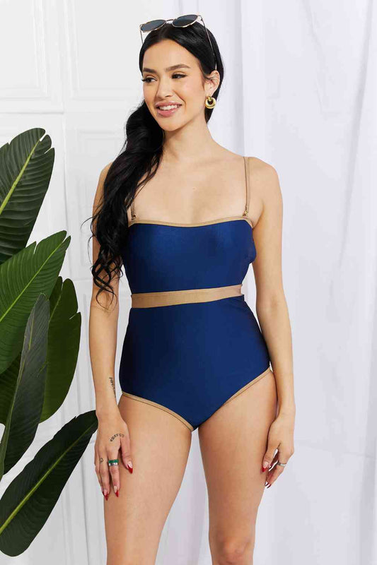 Women's Navy Gold One Piece Swimsuit Open Back