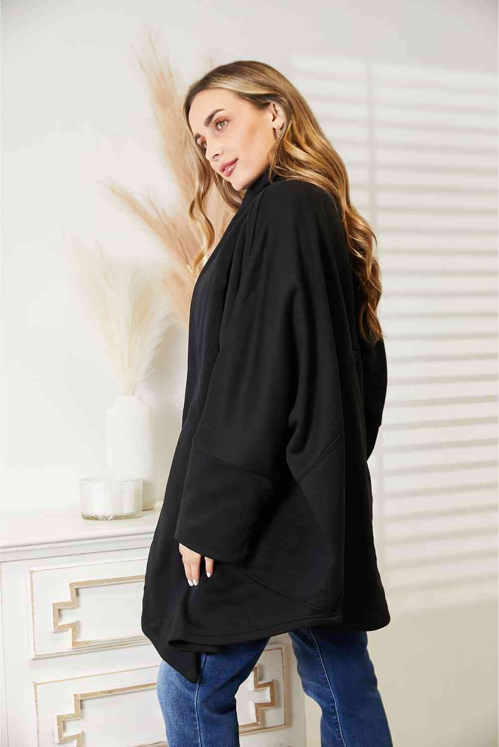 Womens Black Open Front Long Cardigan with Wrap Around Scarf